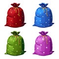 A set of four colored gift bags made of fabric decorated with patterns. Vector isolated illustration Royalty Free Stock Photo